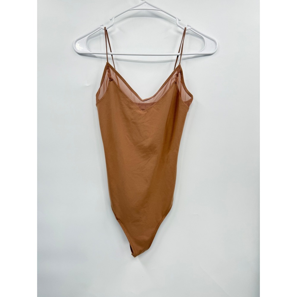 Abercrombie & Fitch XS Bodysuit W‎ Tan Mesh Trim V-Neck Spaghetti Strap Thong